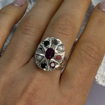 925 Sterling Silver Ruby & Multicolor Gemstones Ring Size 8