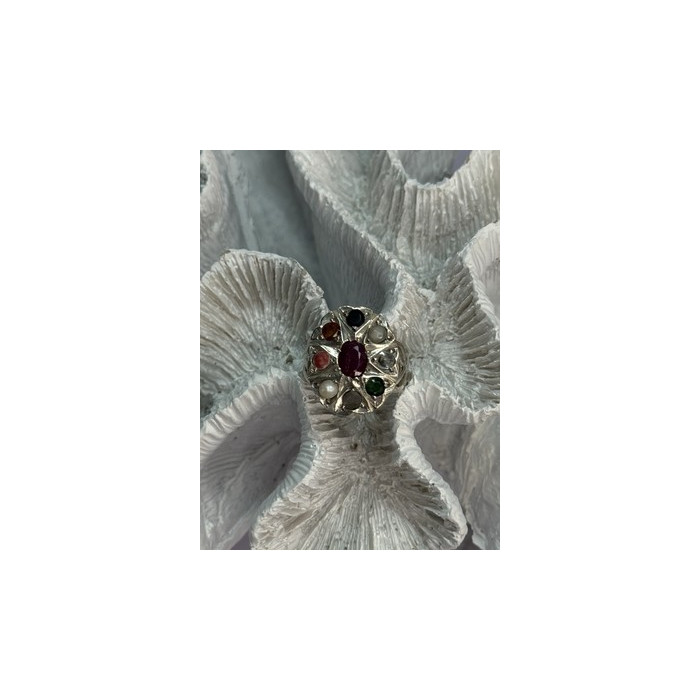 925 Sterling Silver Ruby & Multicolor Gemstones Ring Size 8