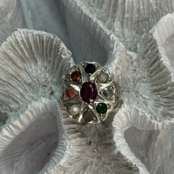 925 Sterling Silver Ruby & Multicolor Gemstones Ring Size 8