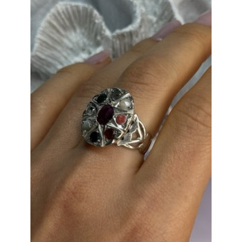 925 Sterling Silver Ruby & Multicolor Gemstones Ring Size 8