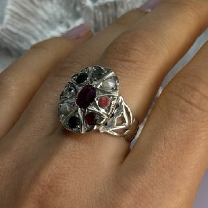 925 Sterling Silver Ruby & Multicolor Gemstones Ring Size 8