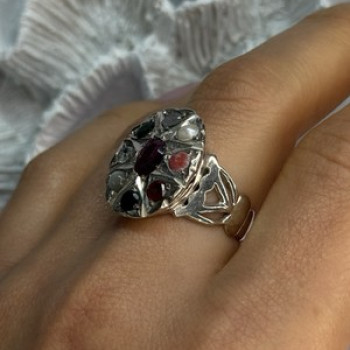 925 Sterling Silver Ruby & Multicolor Gemstones Ring Size 8
