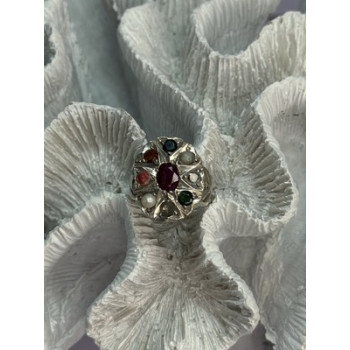 925 Sterling Silver Ruby & Multicolor Gemstones Ring Size 8