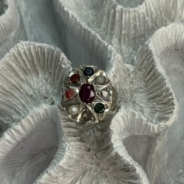 925 Sterling Silver Ruby & Multicolor Gemstones Ring Size 8
