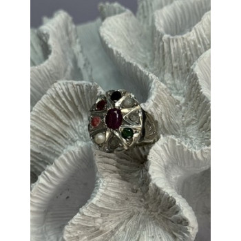 925 Sterling Silver Ruby & Multicolor Gemstones Ring Size 8
