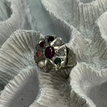 925 Sterling Silver Ruby & Multicolor Gemstones Ring Size 8
