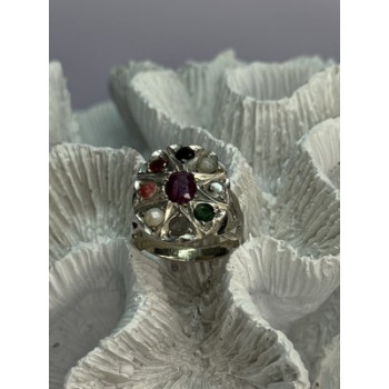 925 Sterling Silver Ruby & Multicolor Gemstones Ring Size 8
