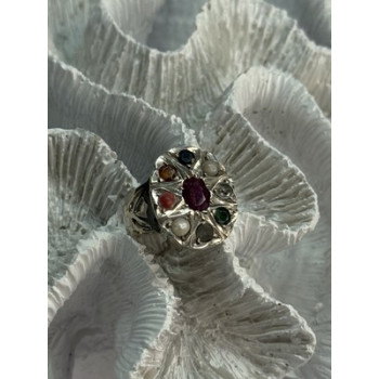 925 Sterling Silver Ruby & Multicolor Gemstones Ring Size 8