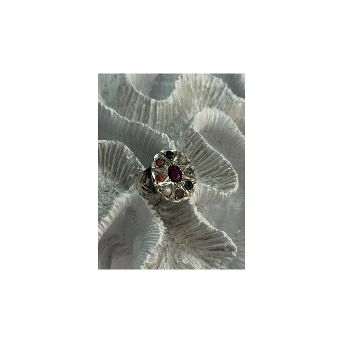 925 Sterling Silver Ruby & Multicolor Gemstones Ring Size 8