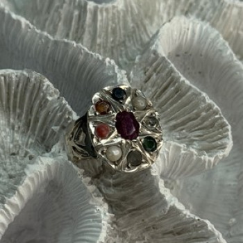 925 Sterling Silver Ruby & Multicolor Gemstones Ring Size 8