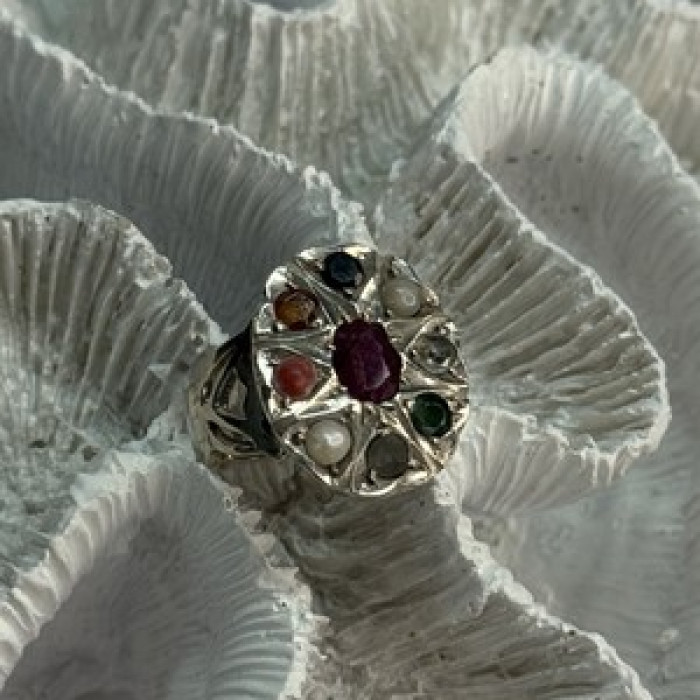 925 Sterling Silver Ruby & Multicolor Gemstones Ring Size 8