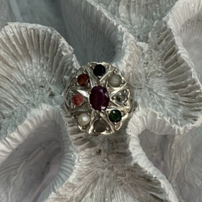 925 Sterling Silver Ruby & Multicolor Gemstones Ring Size 8