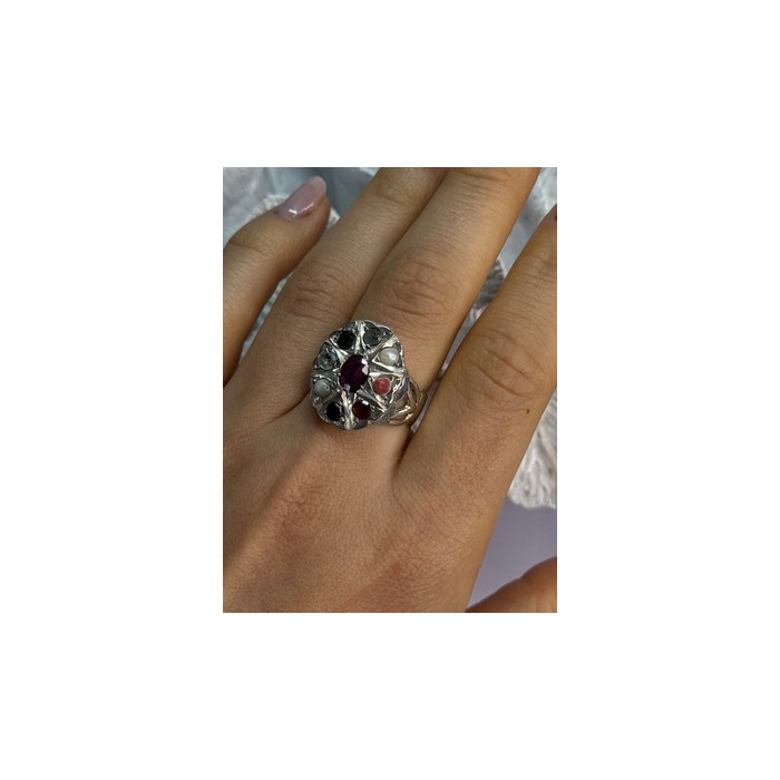 925 Sterling Silver Ruby & Multicolor Gemstones Ring Size 8