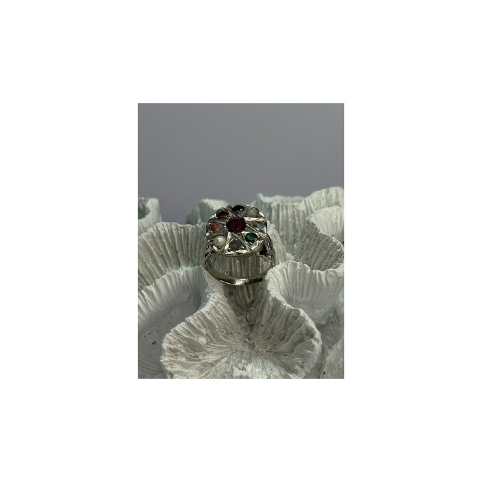 925 Sterling Silver Ruby & Multicolor Gemstones Ring Size 8