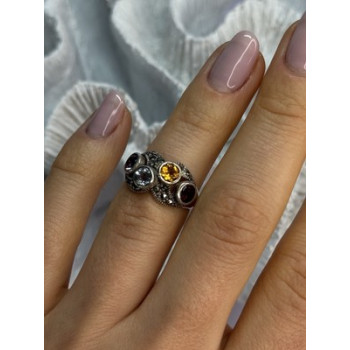 925 STERLING SILVER GARNET, CITRINE, TOPAZ,  AMETHYST & MARCASITE RING SIZE 5.5