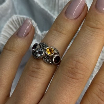 925 Sterling Silver Garnet, Citrine, Topaz, Amethyst & Marcasite Ring Size 5.5