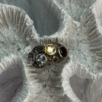 925 Sterling Silver Garnet, Citrine, Topaz, Amethyst & Marcasite Ring Size 5.5