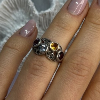 925 Sterling Silver Garnet, Citrine, Topaz, Amethyst & Marcasite Ring Size 5.5