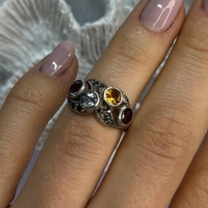 925 Sterling Silver Garnet, Citrine, Topaz, Amethyst & Marcasite Ring Size 5.5