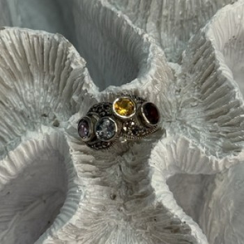 925 Sterling Silver Garnet, Citrine, Topaz, Amethyst & Marcasite Ring Size 5.5
