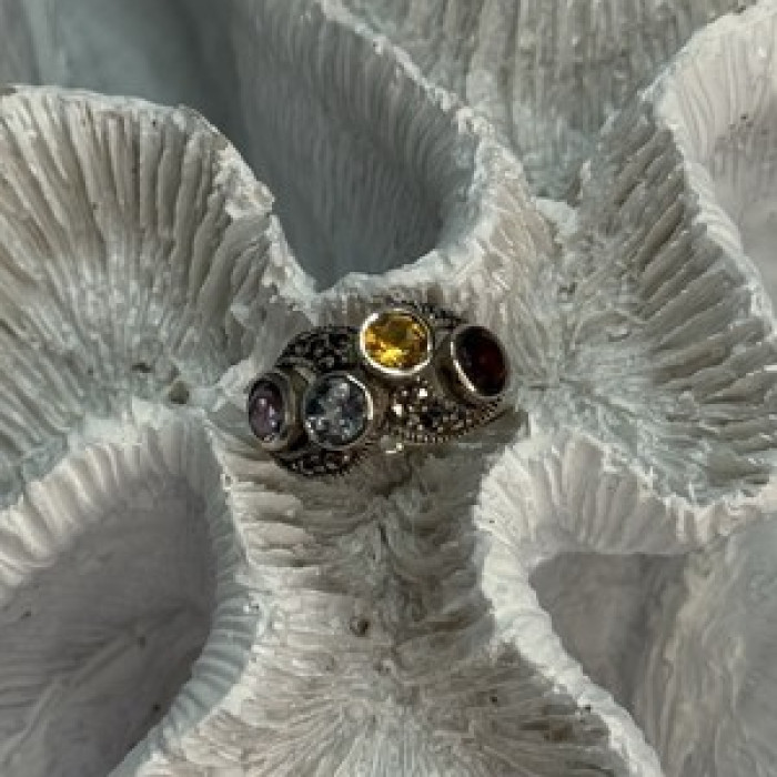 925 Sterling Silver Garnet, Citrine, Topaz, Amethyst & Marcasite Ring Size 5.5