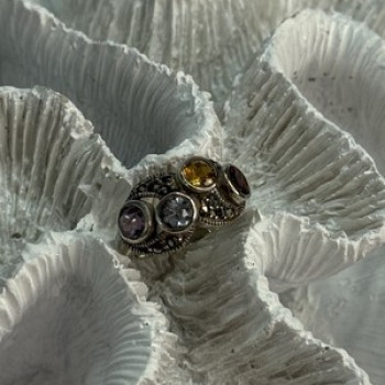 925 Sterling Silver Garnet, Citrine, Topaz, Amethyst & Marcasite Ring Size 5.5