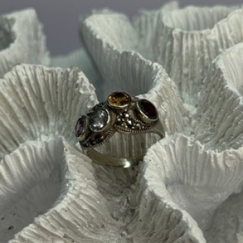 925 Sterling Silver Garnet, Citrine, Topaz, Amethyst & Marcasite Ring Size 5.5