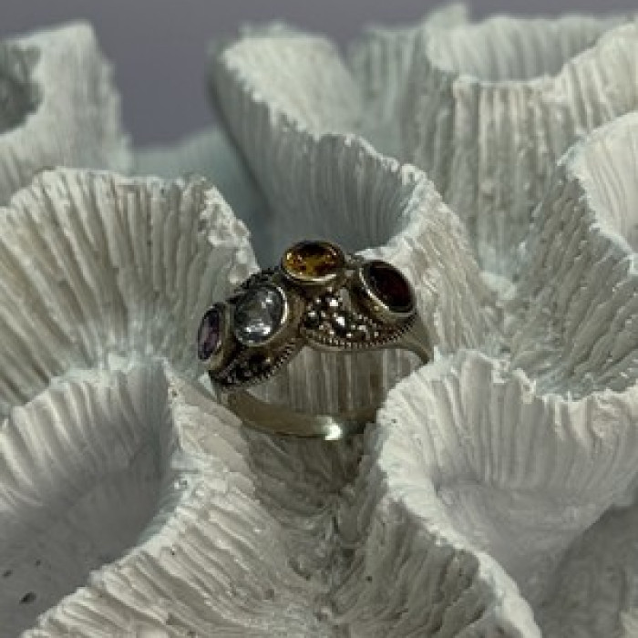 925 Sterling Silver Garnet, Citrine, Topaz, Amethyst & Marcasite Ring Size 5.5