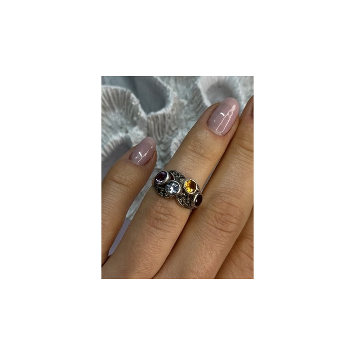 925 STERLING SILVER GARNET, CITRINE, TOPAZ,  AMETHYST & MARCASITE RING SIZE 5.5