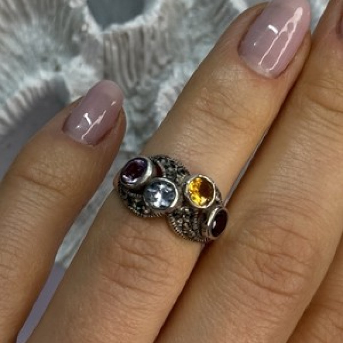 925 Sterling Silver Garnet, Citrine, Topaz, Amethyst & Marcasite Ring Size 5.5