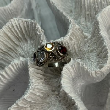 925 Sterling Silver Garnet, Citrine, Topaz, Amethyst & Marcasite Ring Size 5.5
