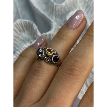 925 STERLING SILVER GARNET, CITRINE, TOPAZ,  AMETHYST & MARCASITE RING SIZE 5.5