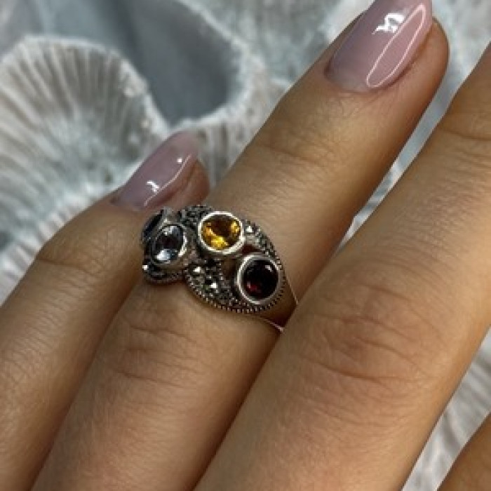 925 Sterling Silver Garnet, Citrine, Topaz, Amethyst & Marcasite Ring Size 5.5