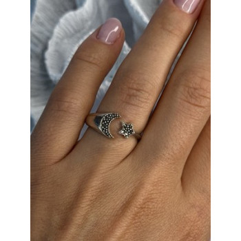925 Sterling Silver Moon & Star Marcasite Ring Size 8