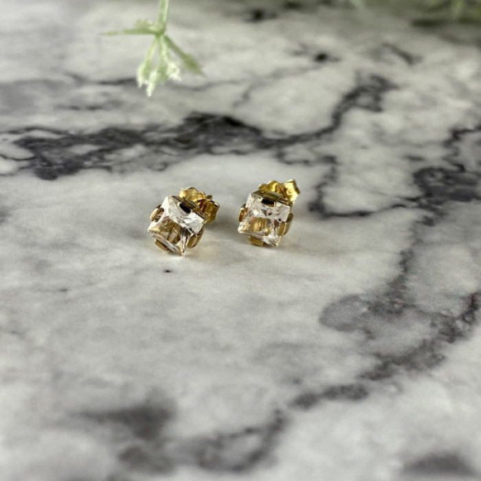 925 Sterling Silver Gold Plated White Topaz Stud Earrings Italy
