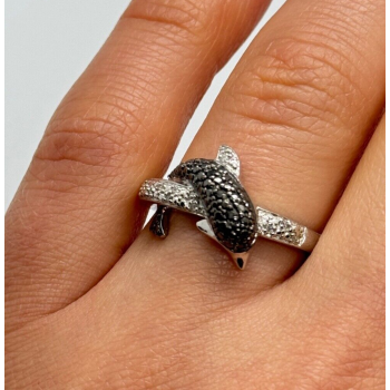 925 Sterling Silver Marcasite & CZ Dolphin Ring Size 6