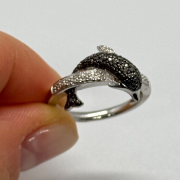 925 Sterling Silver Marcasite & CZ Dolphin Ring Size 6