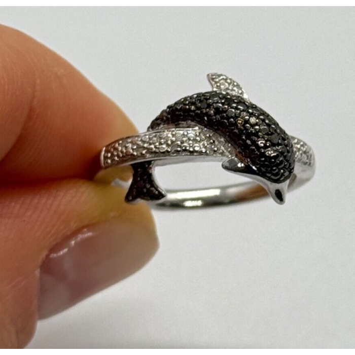 925 Sterling Silver Marcasite & CZ Dolphin Ring Size 6