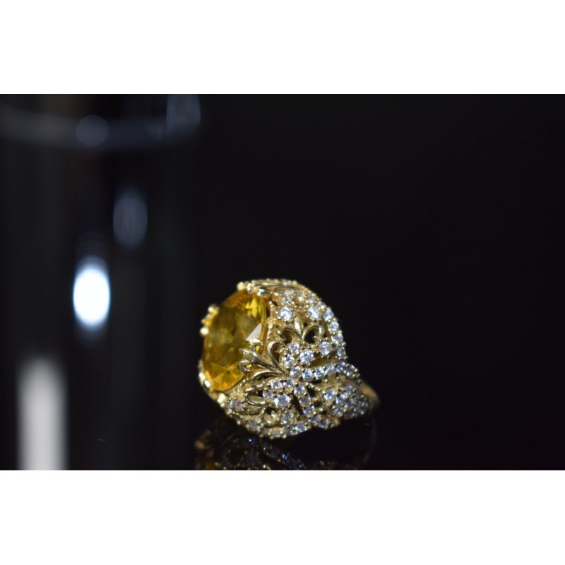 925 Sterling Silver Yellow Alpanite & CZ Ring Size 8 Turkey