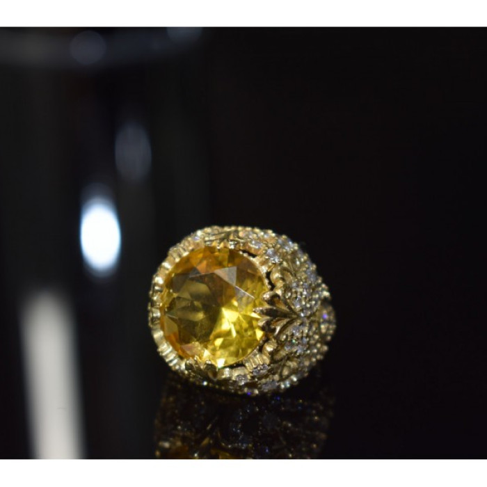 925 Sterling Silver Yellow Alpanite & CZ Ring Size 8 Turkey