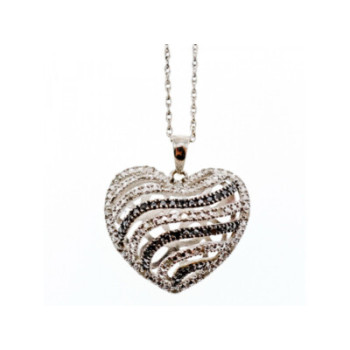 925 Sterling Silver White & Black CZ Heart Chain With Pendant