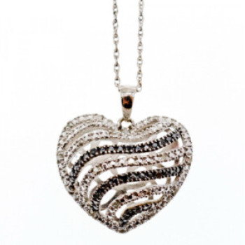 925 Sterling Silver White & Black CZ Heart Chain With Pendant