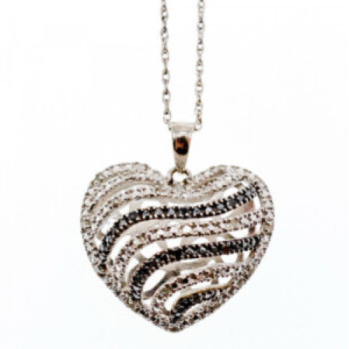 925 Sterling Silver White & Black CZ Heart Chain With Pendant