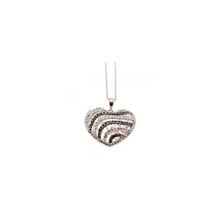 925 Sterling Silver White & Black CZ Heart Chain With Pendant