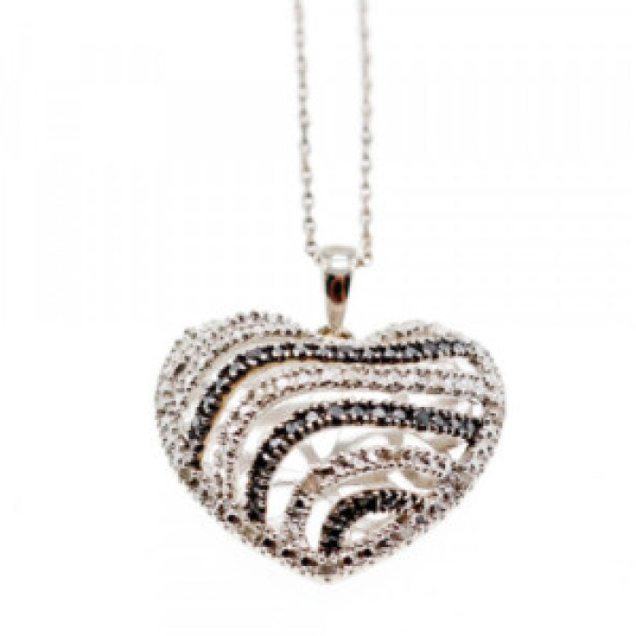 925 Sterling Silver White & Black CZ Heart Chain With Pendant