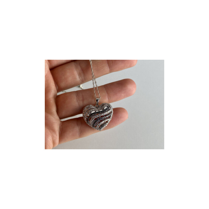 925 Sterling Silver White & Black CZ Heart Chain With Pendant
