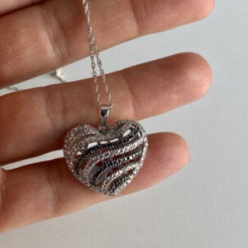 925 Sterling Silver White & Black CZ Heart Chain With Pendant