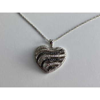 925 Sterling Silver White & Black CZ Heart Chain With Pendant