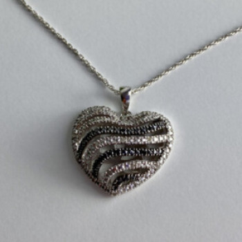 925 Sterling Silver White & Black CZ Heart Chain With Pendant