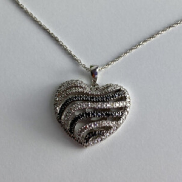 925 Sterling Silver White & Black CZ Heart Chain With Pendant